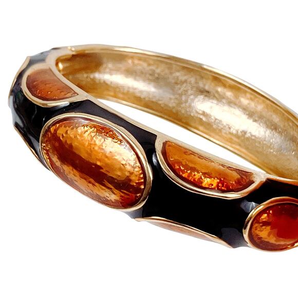 VTG 1980s Hinged Bangle Black Enamel Amber Cabochon Statement Gold Tone Bracelet - Picture 7 of 11